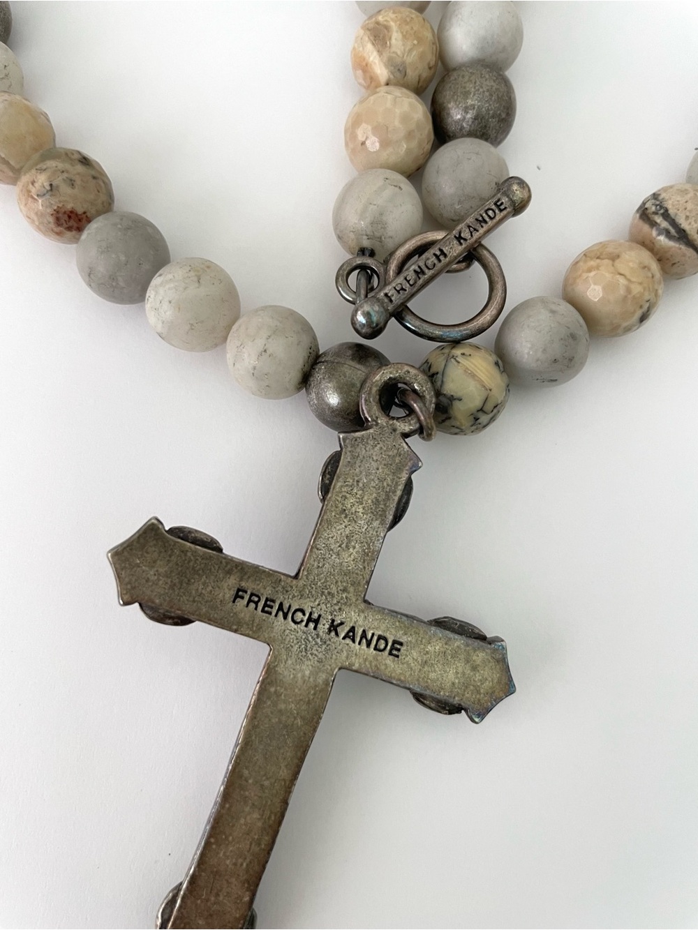 French Kande Neutral Stone Beaded Necklace with Crystal Cross Pendant - Picture 3 of 3